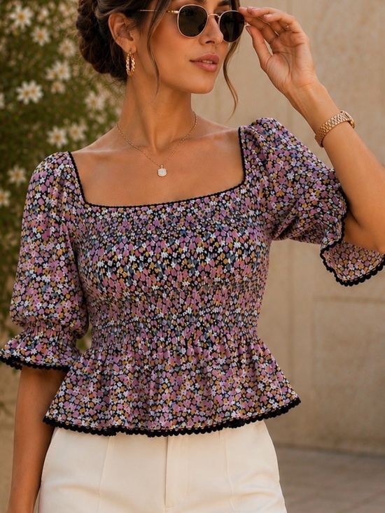 New Look Tops - New Look Pink Floral Smocked Square-Neck Top